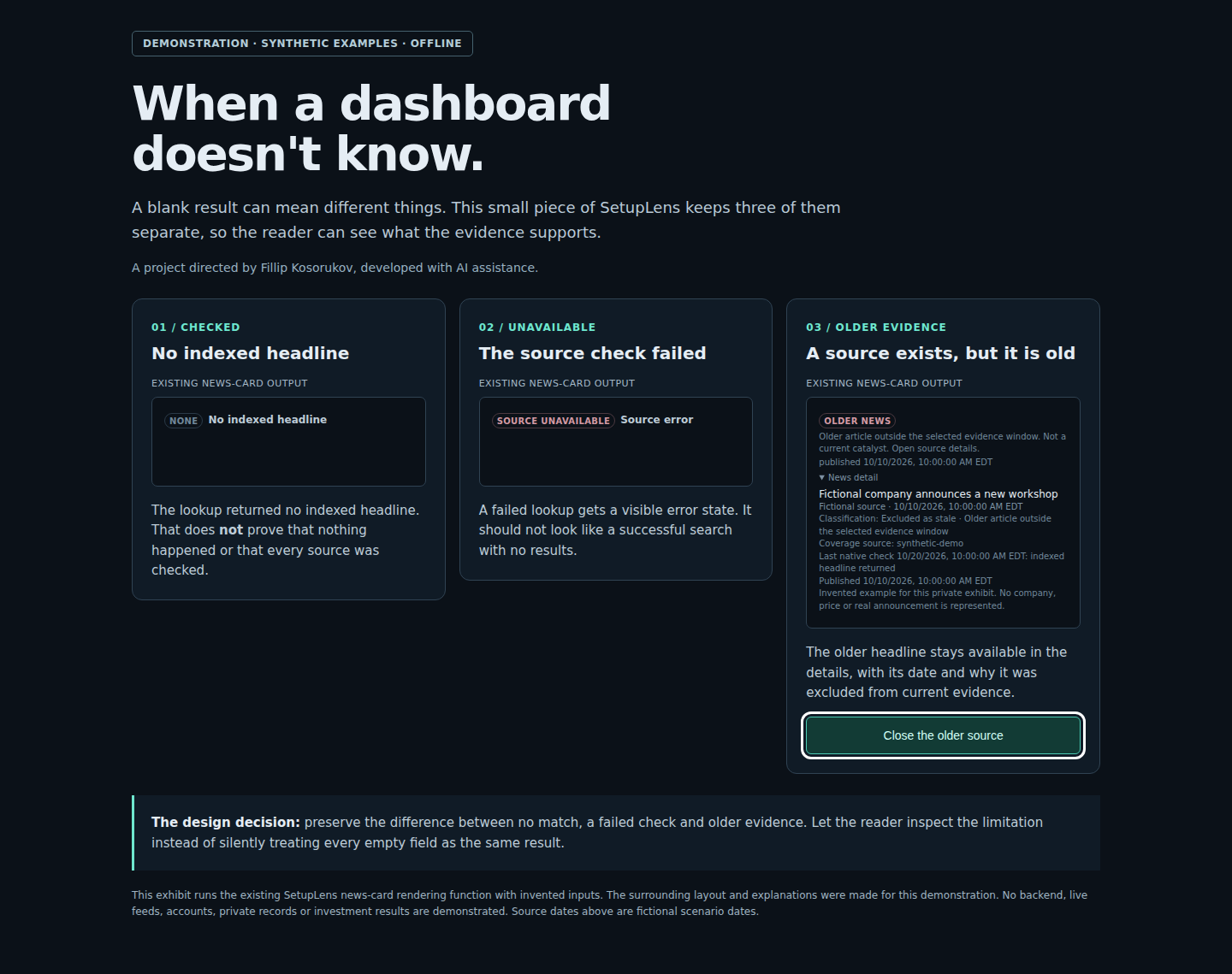 Three examples from the SetupLens news display: no indexed headline, source unavailable and older news with details.